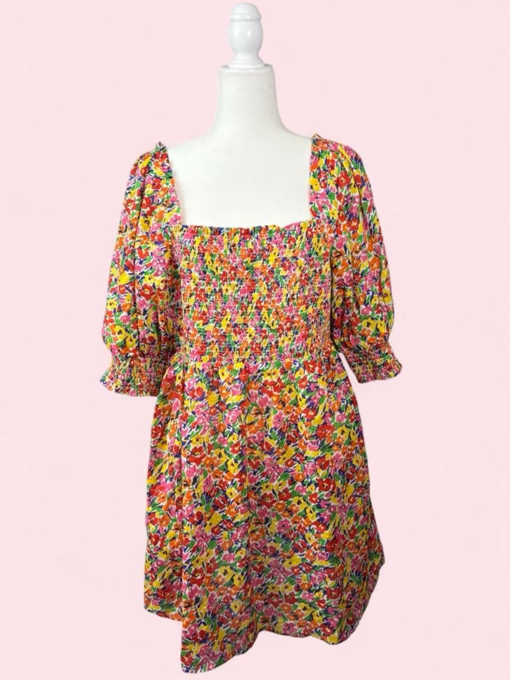 RIXO x Target Bright Floral Smocked Mini Dress in Yellow Pink SZ L